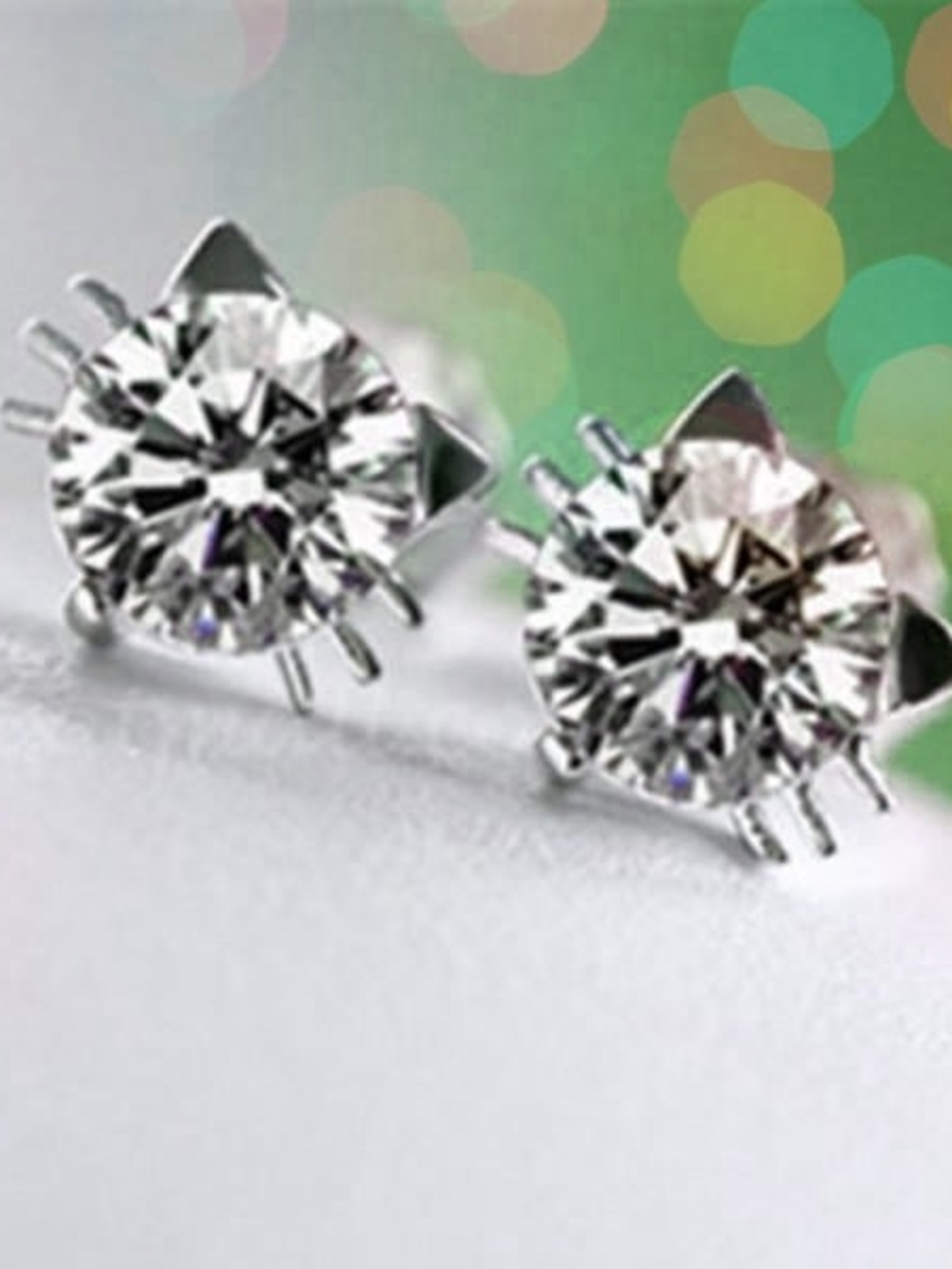 Clear Crystal Cat Ear Stud Earrings in Silver-Tone 18K White Hold Plated Ears